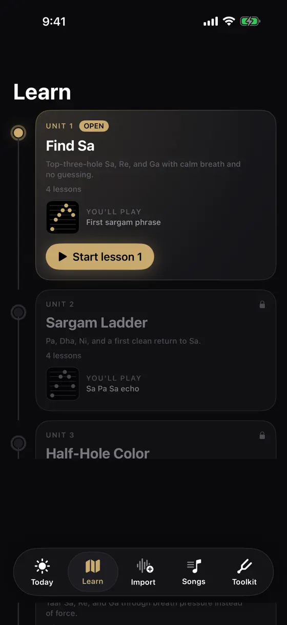 The Flute Studio Learn course with units Find Sa, Sargam Ladder, and Half-Hole Color