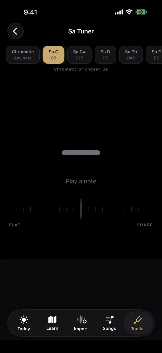 The Flute Studio Sa tuner with chromatic and chosen-Sa modes