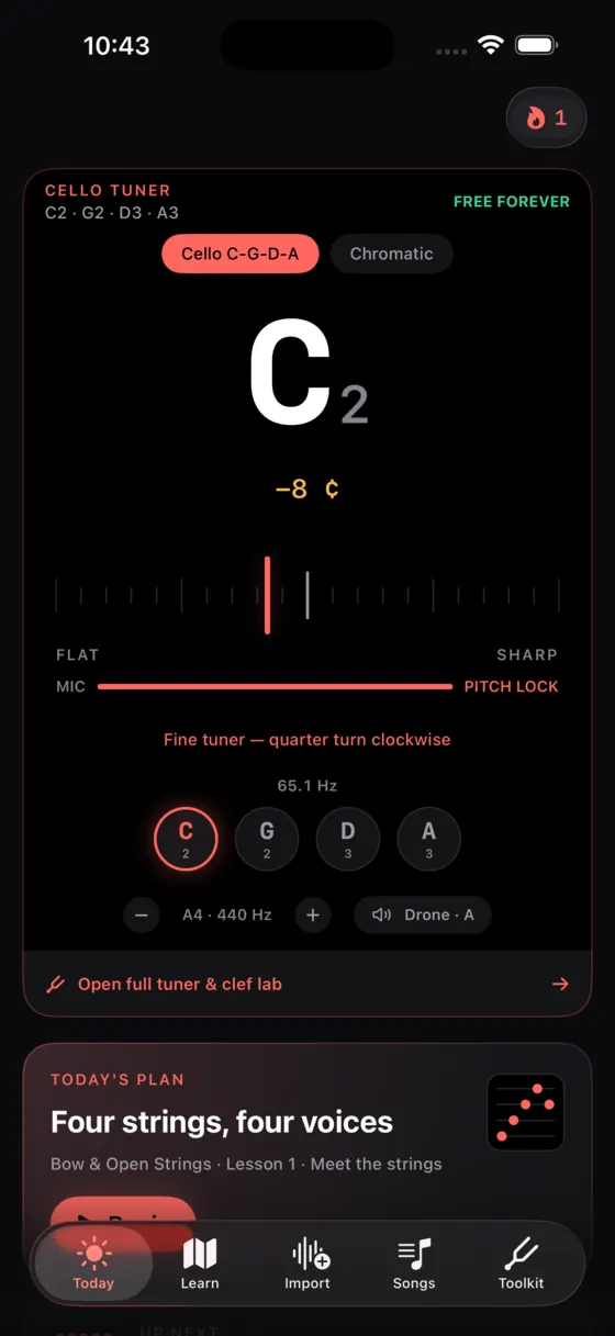 The free Soloist Cello tuner reading C2 eight cents flat, with C, G, D and A string buttons