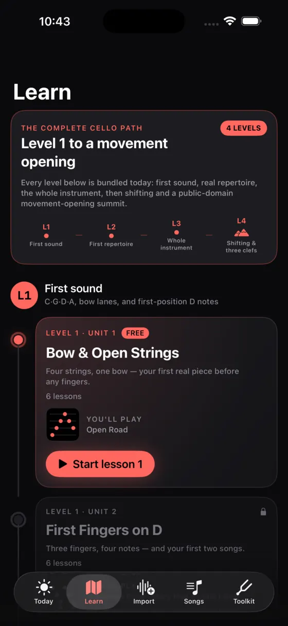 The Soloist Cello Learn path showing four levels, from first sound to shifting and three clefs