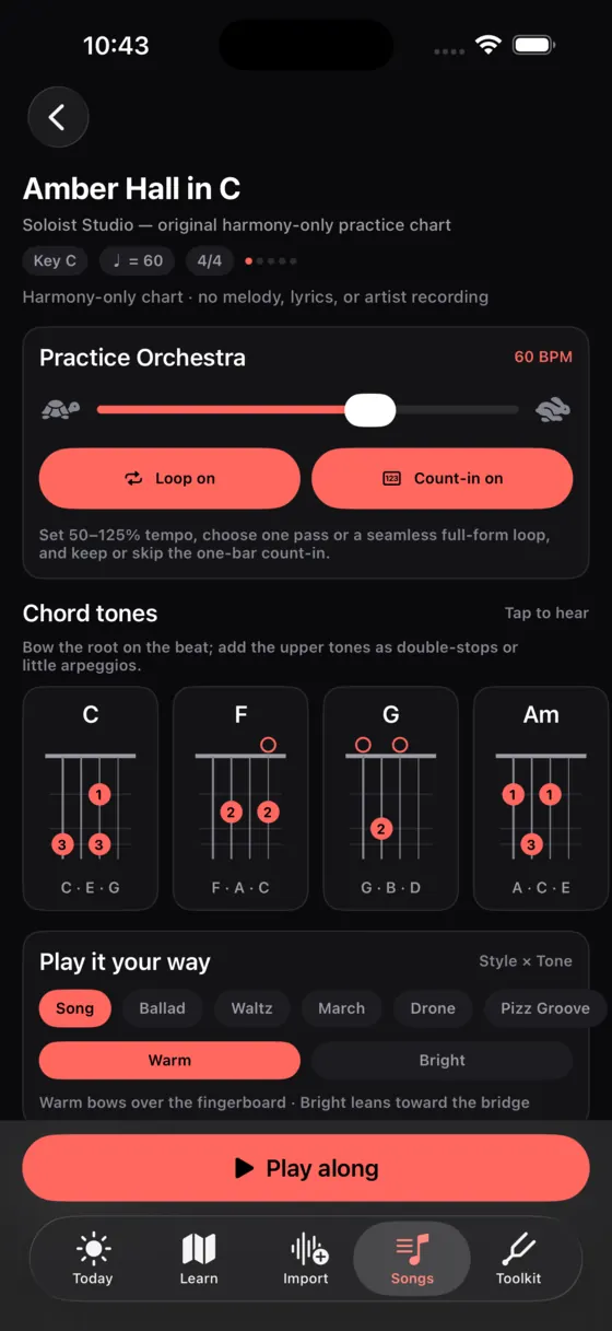 A Practice Orchestra chart with tempo, loop and count-in controls and chord tones