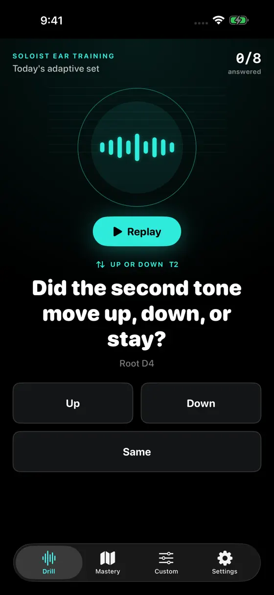 A Soloist Ear Training drill asking whether the second tone moved up, down, or stayed