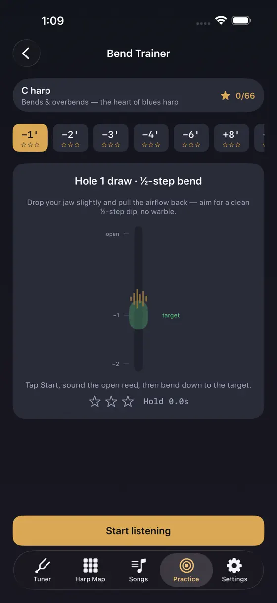 The Harmonica Studio Bend Trainer coaching a half-step draw bend on hole 1