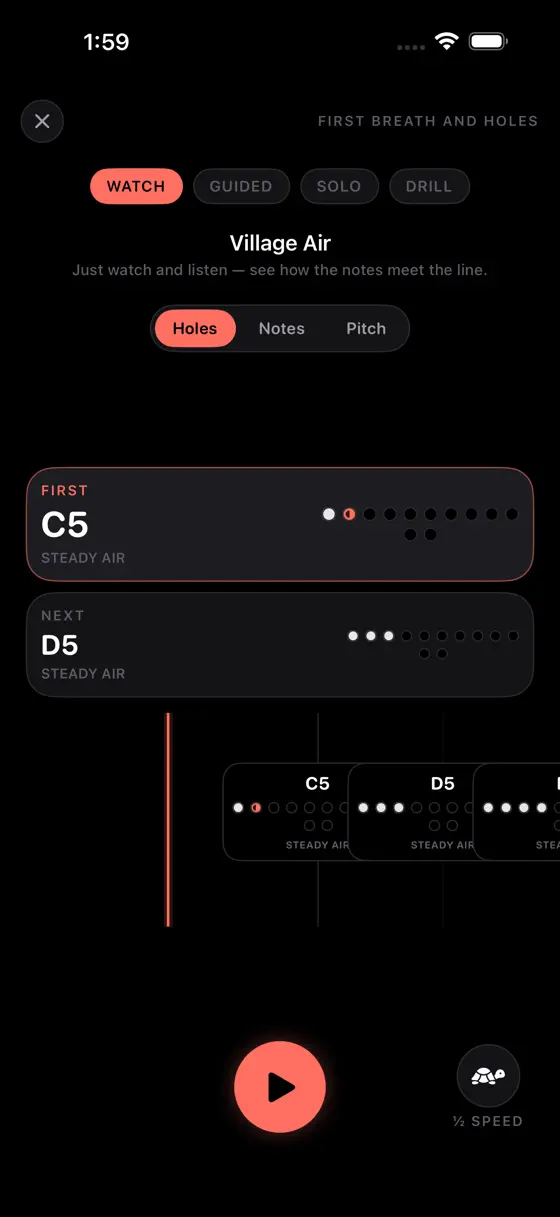 A Soloist Ocarina lesson, First breath and holes, in watch mode