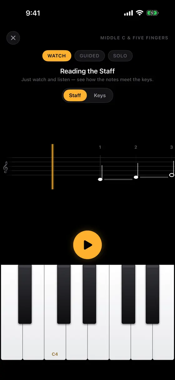 A Soloist Piano lesson, Reading the Staff, with notation above an on-screen keyboard