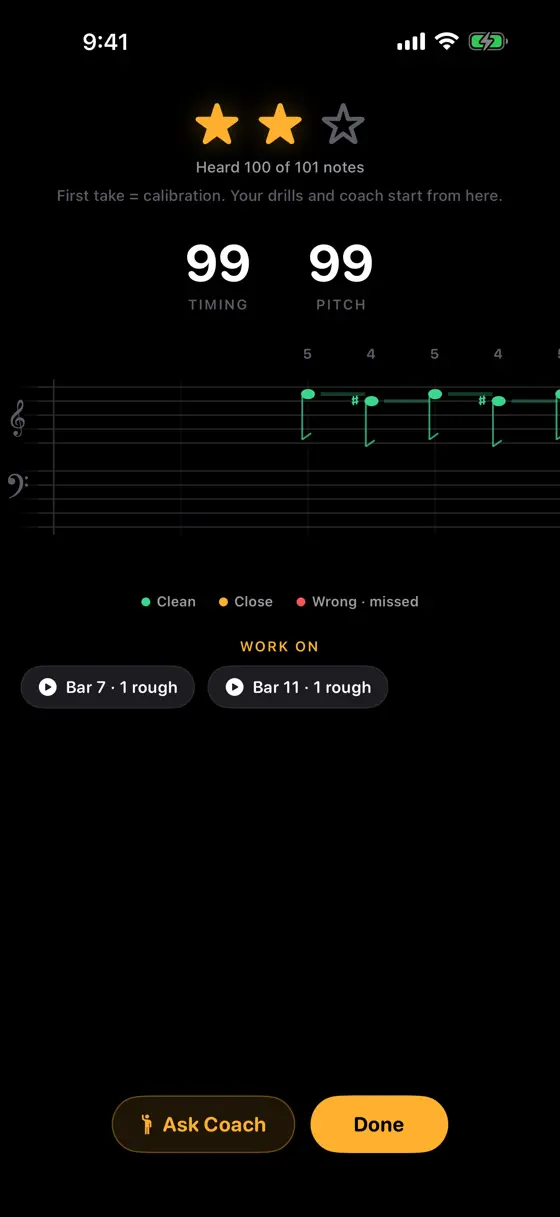 A Soloist Piano take review reading Heard 100 of 101 notes with timing and pitch at 99
