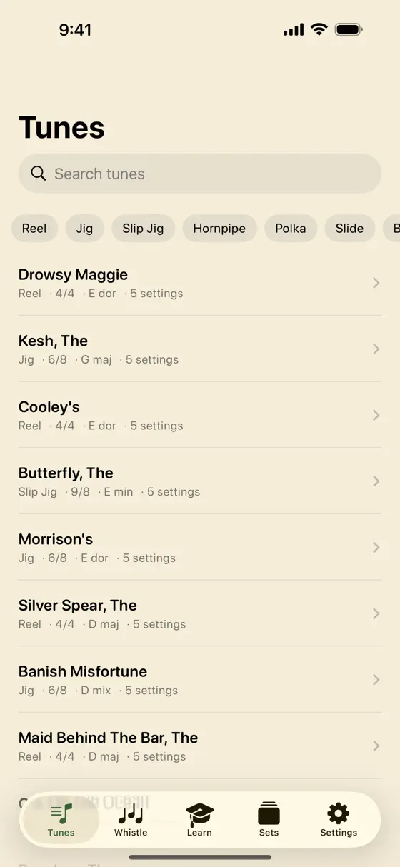 The Session Whistle tune list of reels, jigs, slip jigs, hornpipes, and polkas