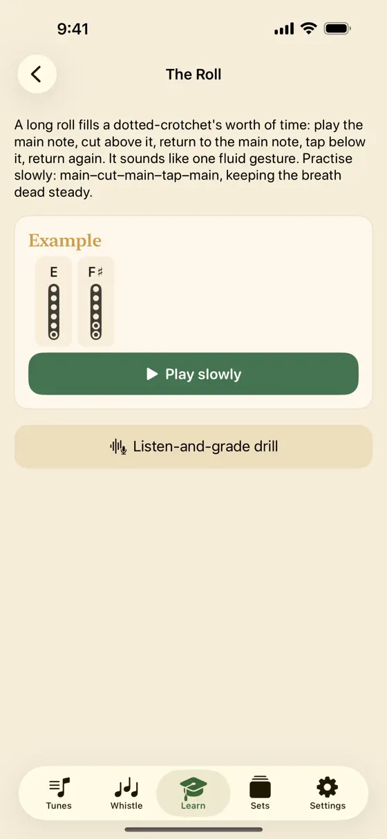 A Session Whistle lesson teaching the roll, with fingering examples and a listen-and-grade drill