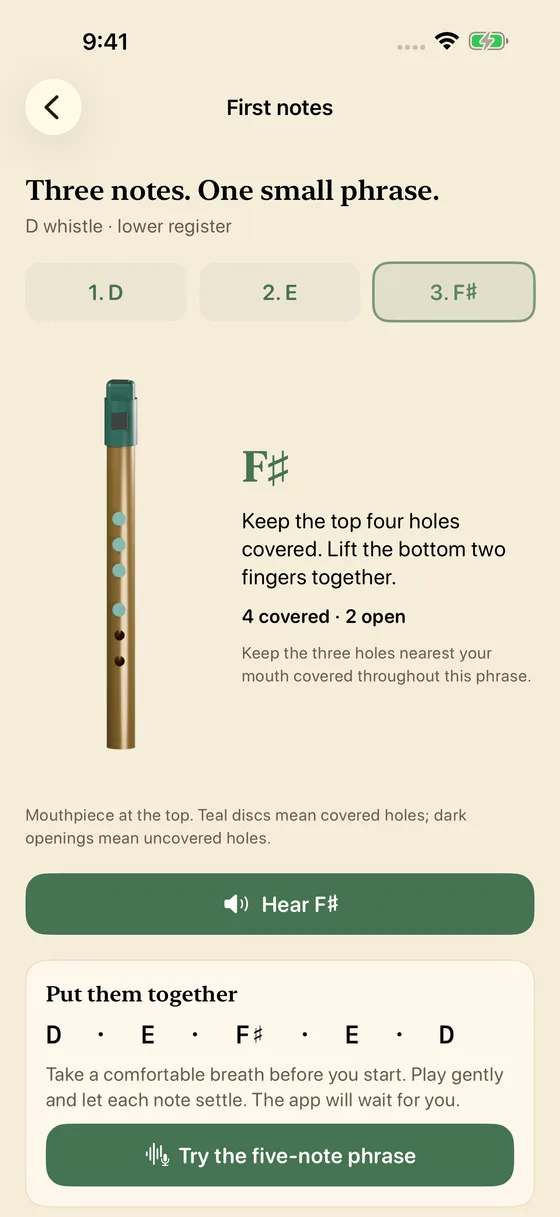 Session Whistle First notes screen showing F-sharp on a D whistle: top four holes covered, bottom two open, a Hear F-sharp button and a five-note phrase