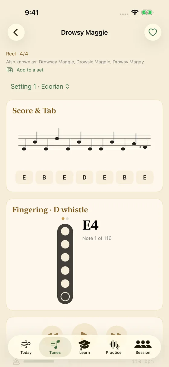 Session Whistle tune page for the reel Drowsy Maggie with score, note tab and the E4 fingering on a D whistle