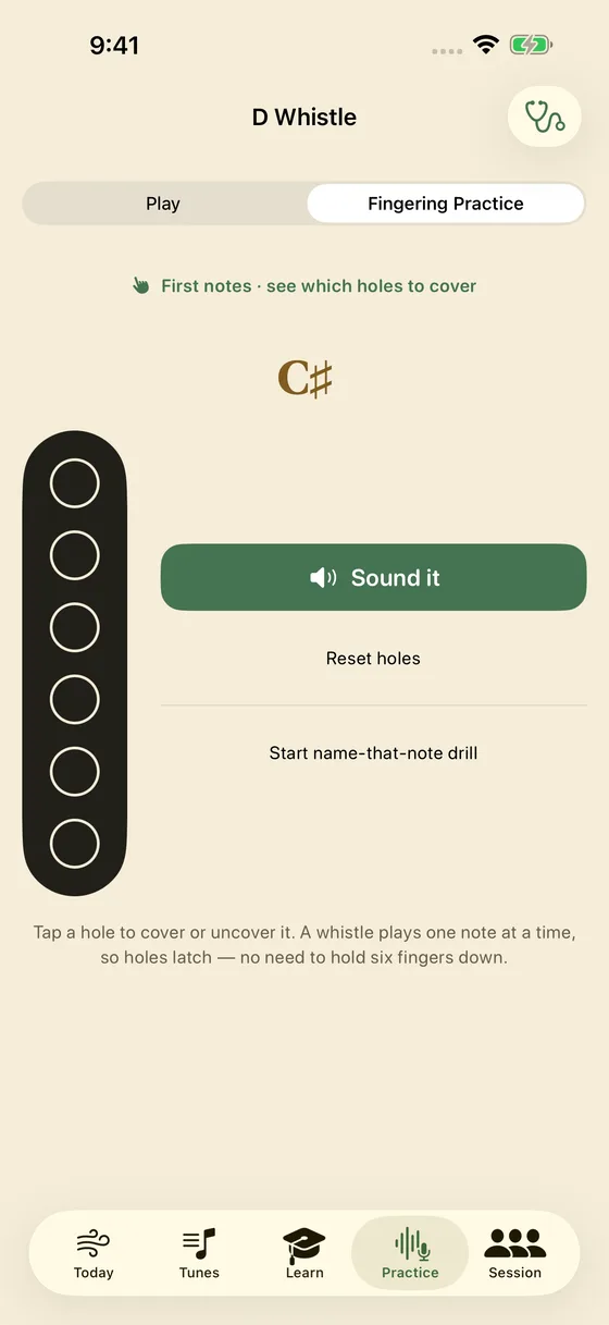 Session Whistle Fingering Practice: tap holes on a drawn D whistle and hear the note they make