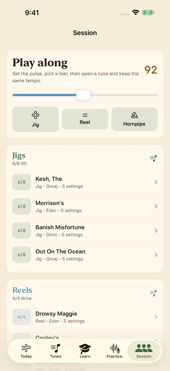 Session Whistle Session tab with a tempo slider set to 92 and jig, reel and hornpipe lists