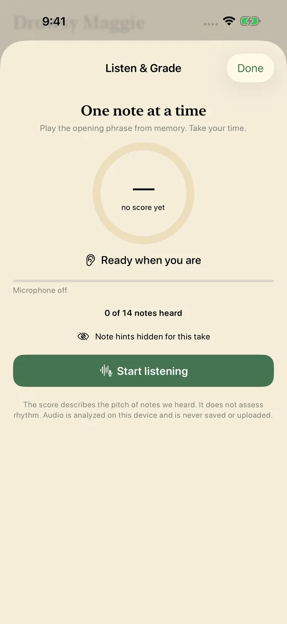 Session Whistle Off the Page screen: play the opening phrase from memory with note hints hidden, microphone off and no score yet
