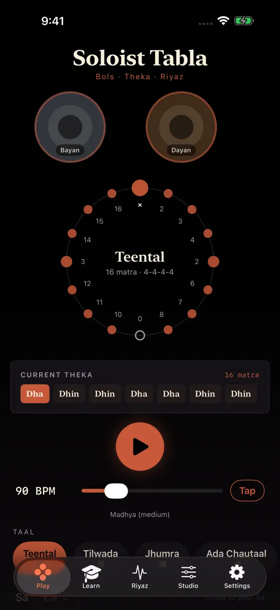 The Soloist Tabla play screen with the Teental cycle wheel, theka bols, and tempo