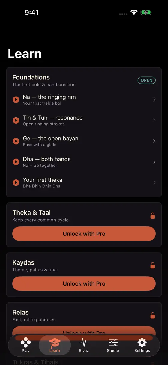 The Soloist Tabla foundations course teaching Na, Tin and Tun, Ge, and Dha