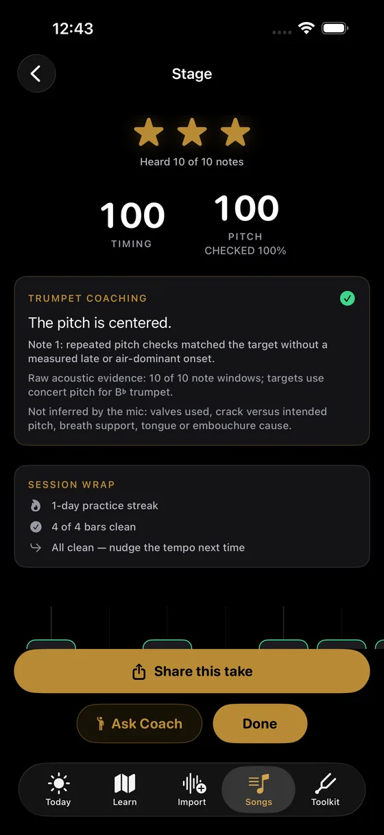 A Soloist Trumpet take result: heard 10 of 10 notes, timing 100 and pitch 100, the coaching note says the pitch is centered, and a Share this take button