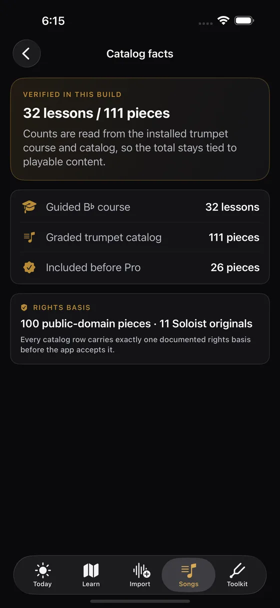 Soloist Trumpet catalog facts: 32 lessons, 111 pieces, 26 included before Pro, 100 public-domain pieces and 11 Soloist originals
