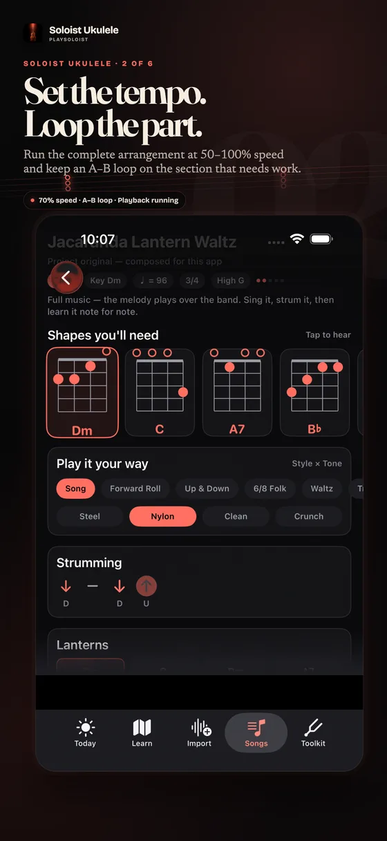 Soloist Ukulele App Store screen: a song page with the chord shapes you'll need, play-along styles and a strumming pattern at 70% speed with an A-B loop