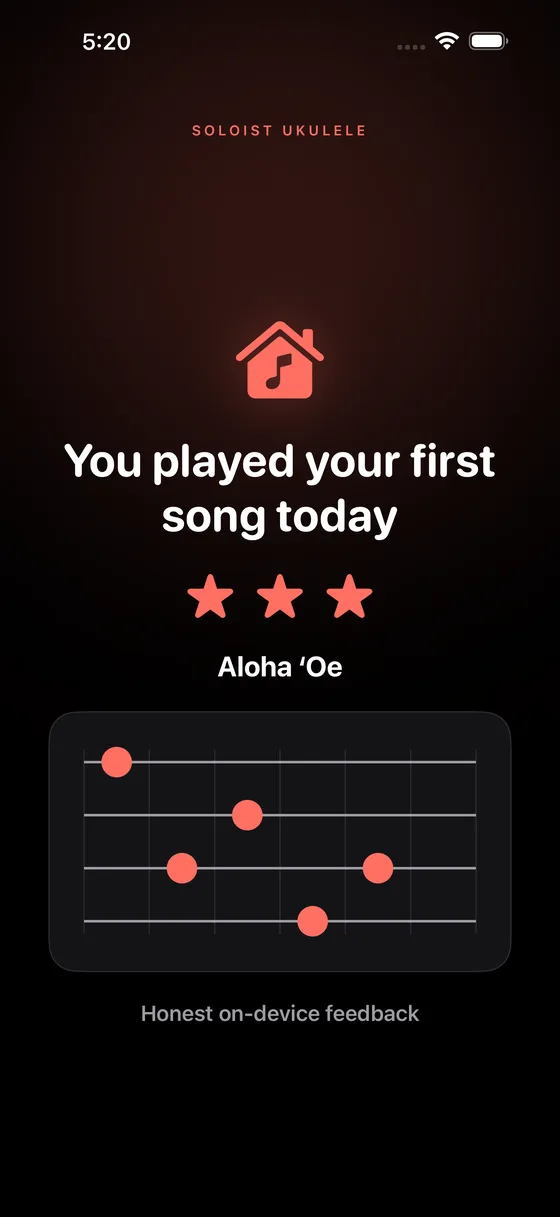 Soloist Ukulele result screen reading You played your first song today, three stars, Aloha 'Oe