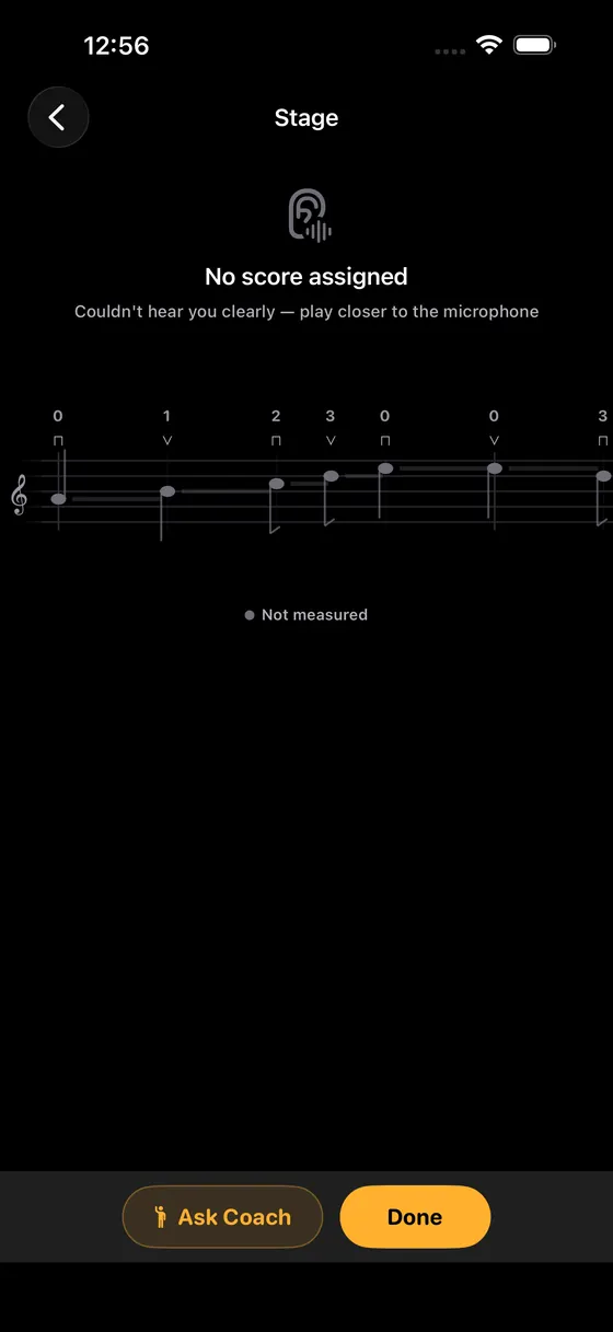 Soloist Violin showing No score assigned: couldn't hear you clearly, play closer to the microphone