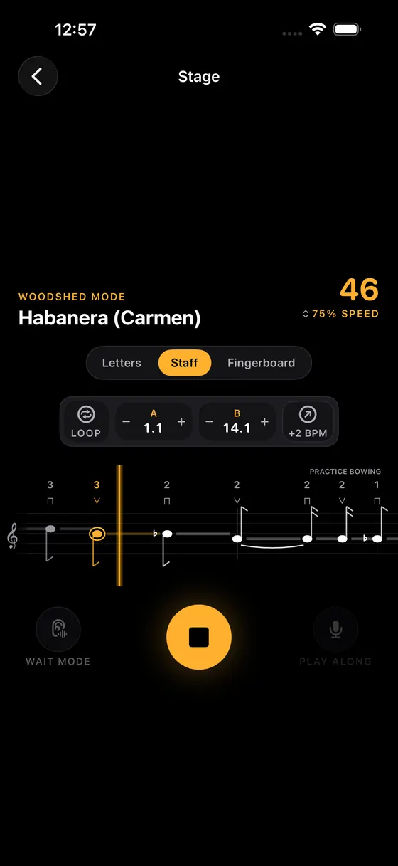 Woodshed mode on a staff with finger numbers and bowing marks, an A–B loop, 75% speed and a +2 BPM step